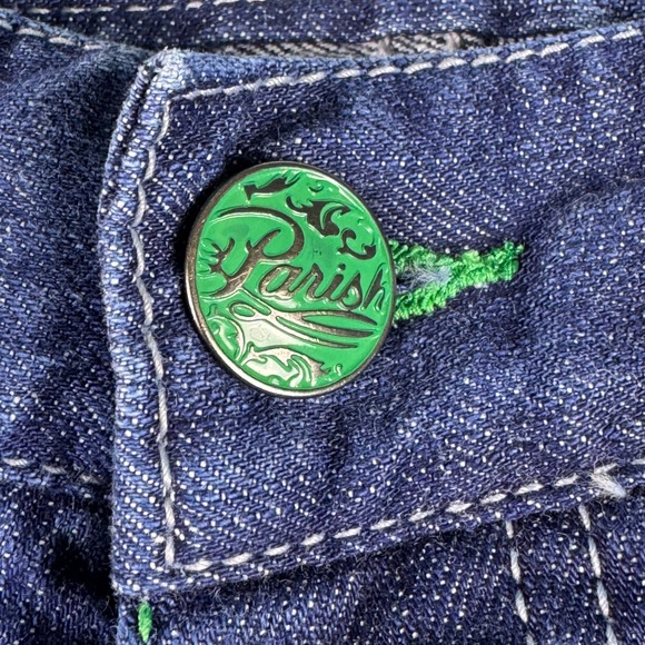 Parish Mens Jeans Distressed Blue Denim Green Accent Stitching Stylish - Picture 9 of 16